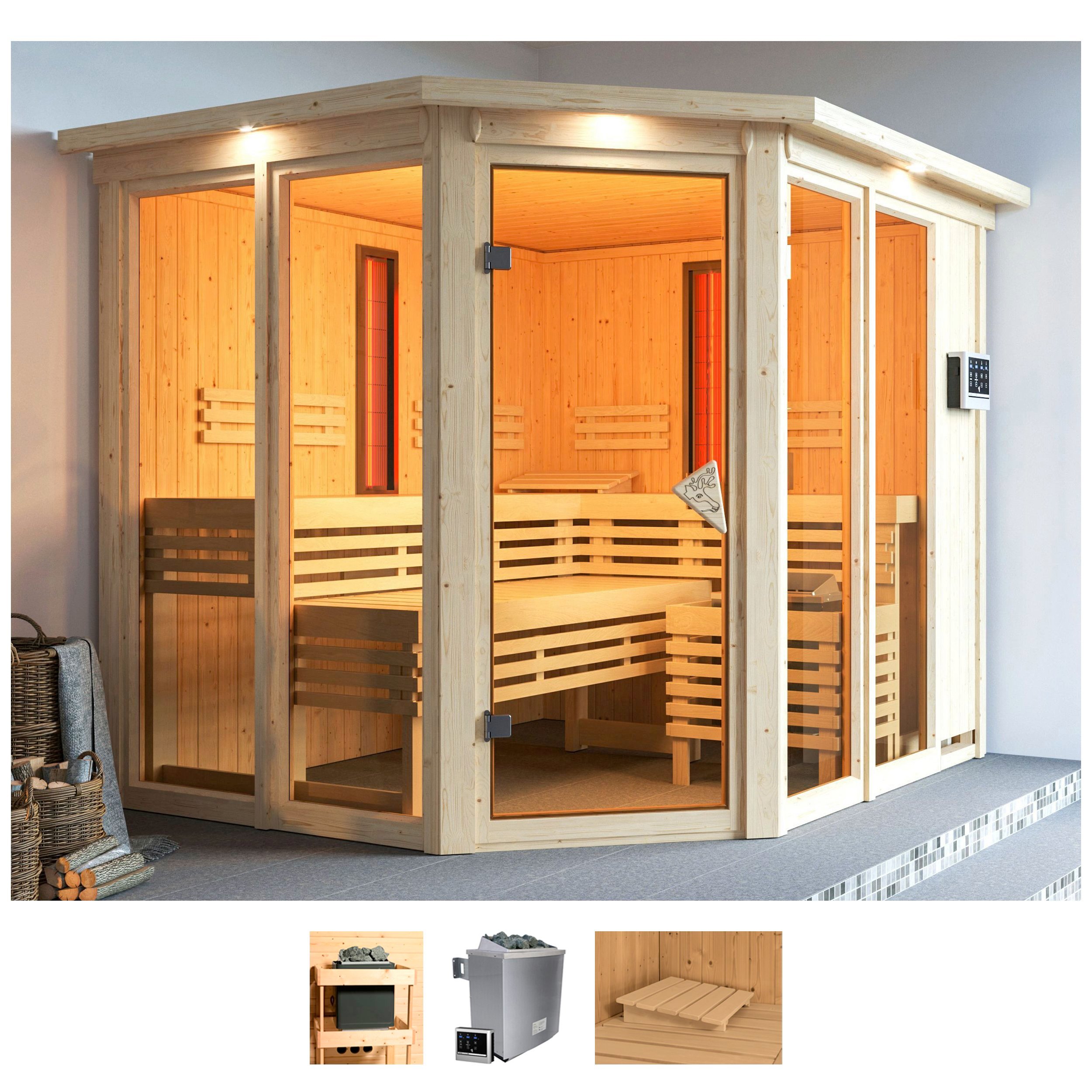 Sauna KARIBU "Avril", beige (naturbelassen), Bio-Kombiofen, externe Steuerung, 9 kW, Saunen, 9-kW-Bio-Ofen mit externer Steuerung Image