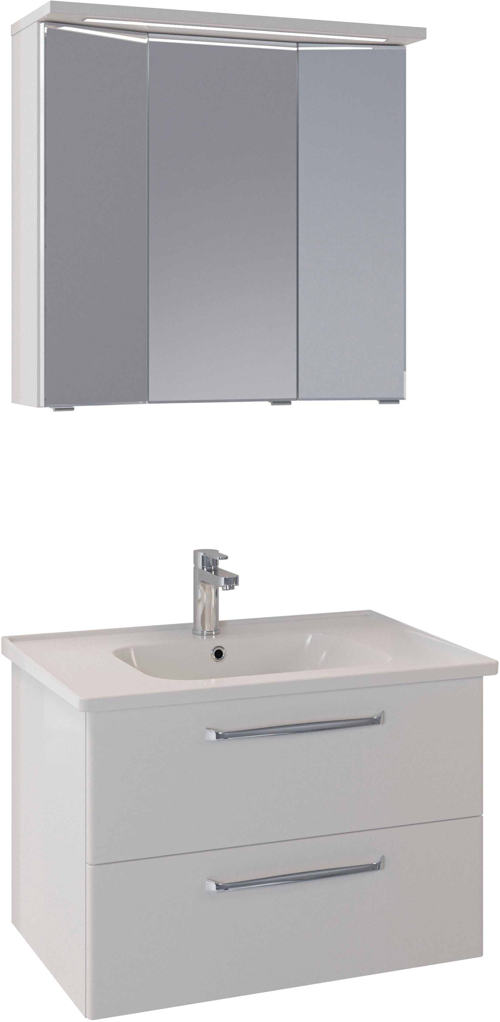 Badmöbel-Set SAPHIR "Trentino 2-teilig Keramik-Waschtisch mit LED-Spiegelschrank", weiß (weiß hochglanz), Kastenmöbel-Sets, Badmöbel-Set, Badmöbel-Set 79cm breit, inkl. Türdämpfer, 3 Türen, 2 Auszügen