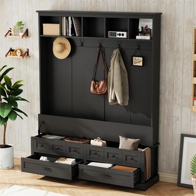 Versatile Wood 3-in-1 Coat Rack with 5 Hooks,2 Drawers and Handles