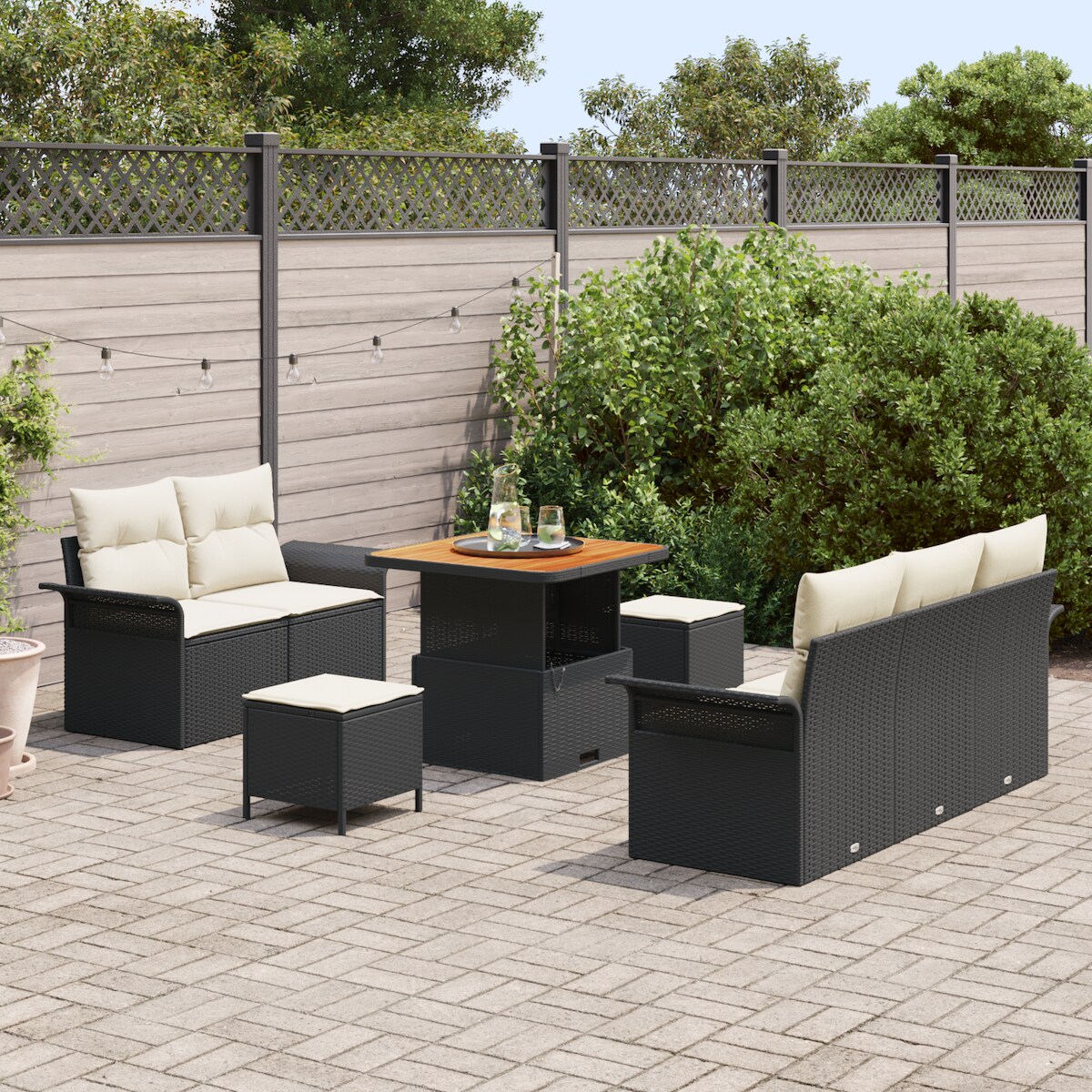 vidaXL 8-teiliges Garten-Sofa-Set mit Kissen aus schwarzem Poly-Rattan und Akazienholz. Image