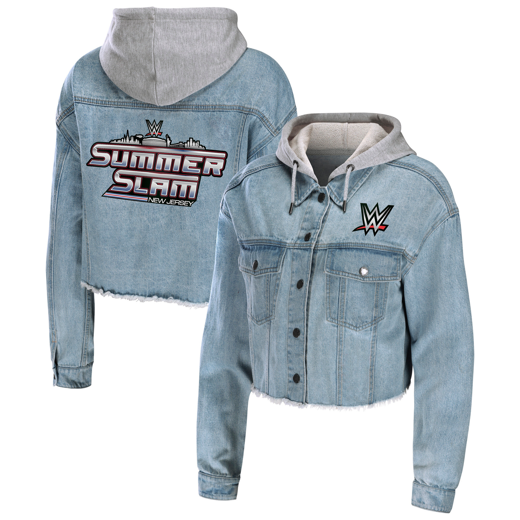 Women's WEAR by Erin Andrews Blue SummerSlam 2025 Kurze Jeansjacke mit Kapuze und durchgehendem Druckknopf Image
