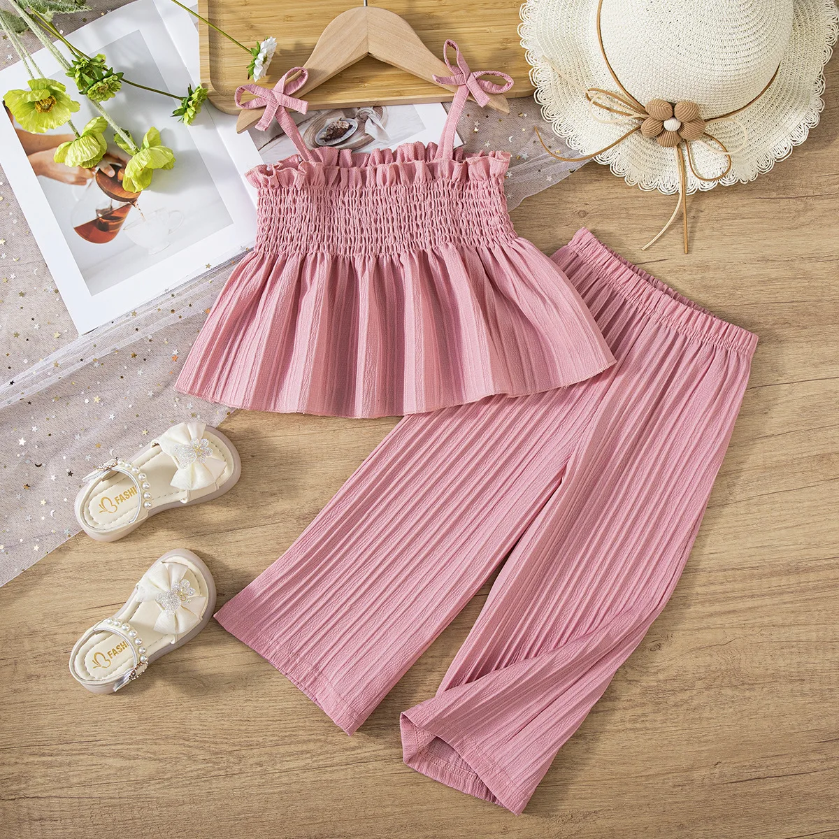 Kinderkleidungssets, Trägeroberteil mit Schleifendetail und Hose mit weitem Bein, 2-teiliges Outfit-Set für Kleinkinder und Mädchen Image