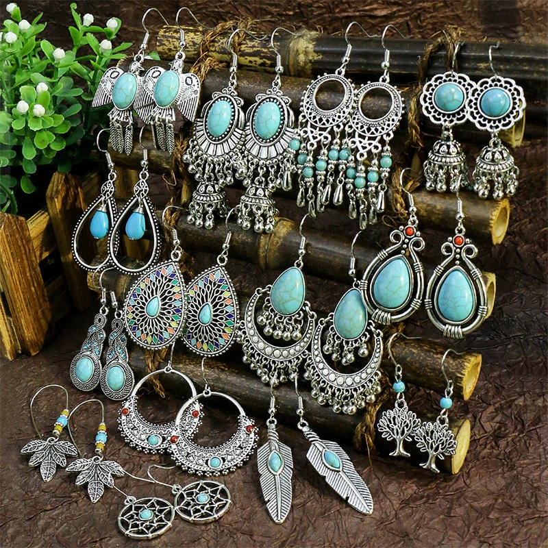 39 Stile Bohemian Vintage Tibetische Silber Geometrische Ohrhänger für Frauen Ethnische Blaue Stein-Quasten-Ohrringe Schmuck Image