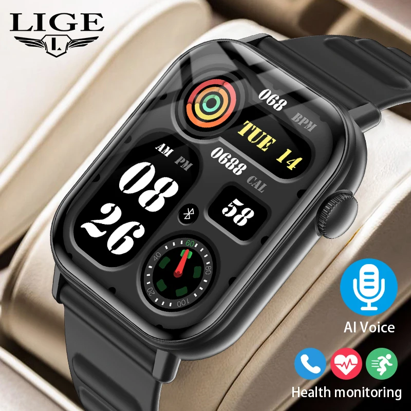 LIGE Smartwatch für Männer und Frauen mit BT-Anruf, AI-Stimme, 1,83 Zoll, Fitness-Tracker mit Herzfrequenz-Schlafmonitor, 3ATM wasserdichte Smartwatch Image