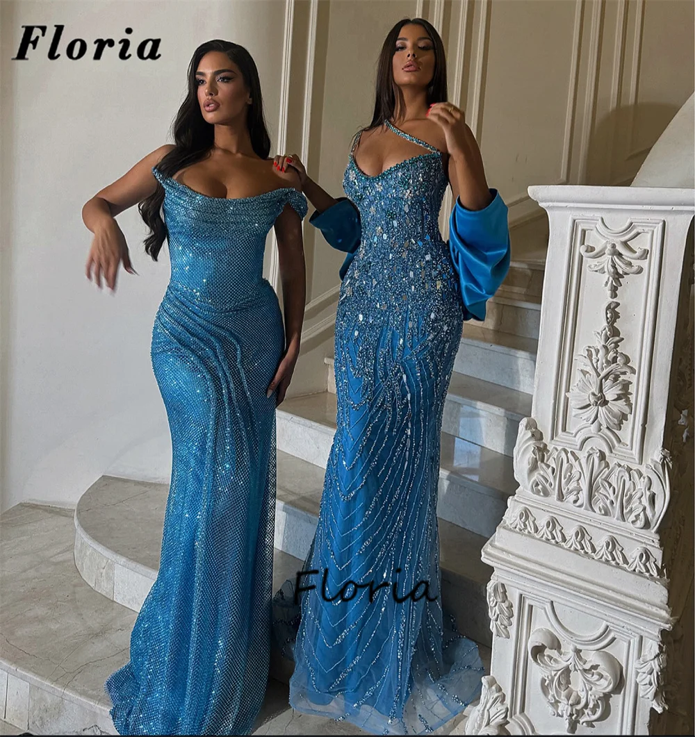 2-entworfene blaue Perlen-Abendkleider, arabisches trägerloses Abendkleid, Rüschen, Meerjungfrau, Hochzeits-Party-Kleider, Vestidos 2025, individuell gestaltet Image