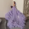 Elegante lange Abendkleider aus Tüll mit Schleppe, One-Shoulder-Mesh-Rüschen, formelle Partykleider, große Schleife, handgefertigtes Blumen-Abschlussballkleid