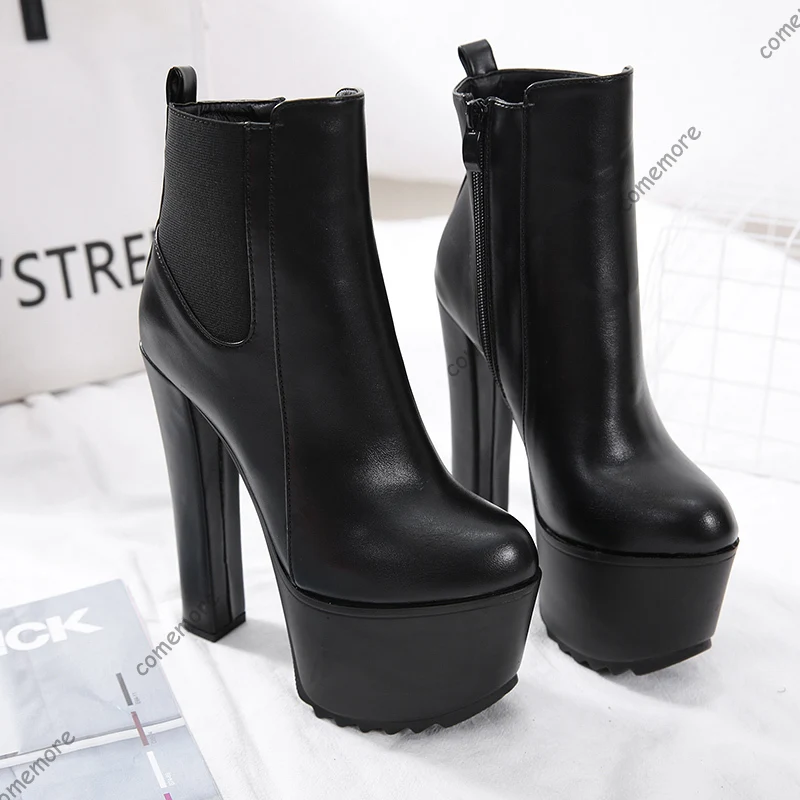 Comemore 16 cm Suprt High Heels frauen Boot Herbst Frauen Schwarz Chelsea Stiefeletten Rohr Plattform Dicken Absätzen Frauen schuh Elegante