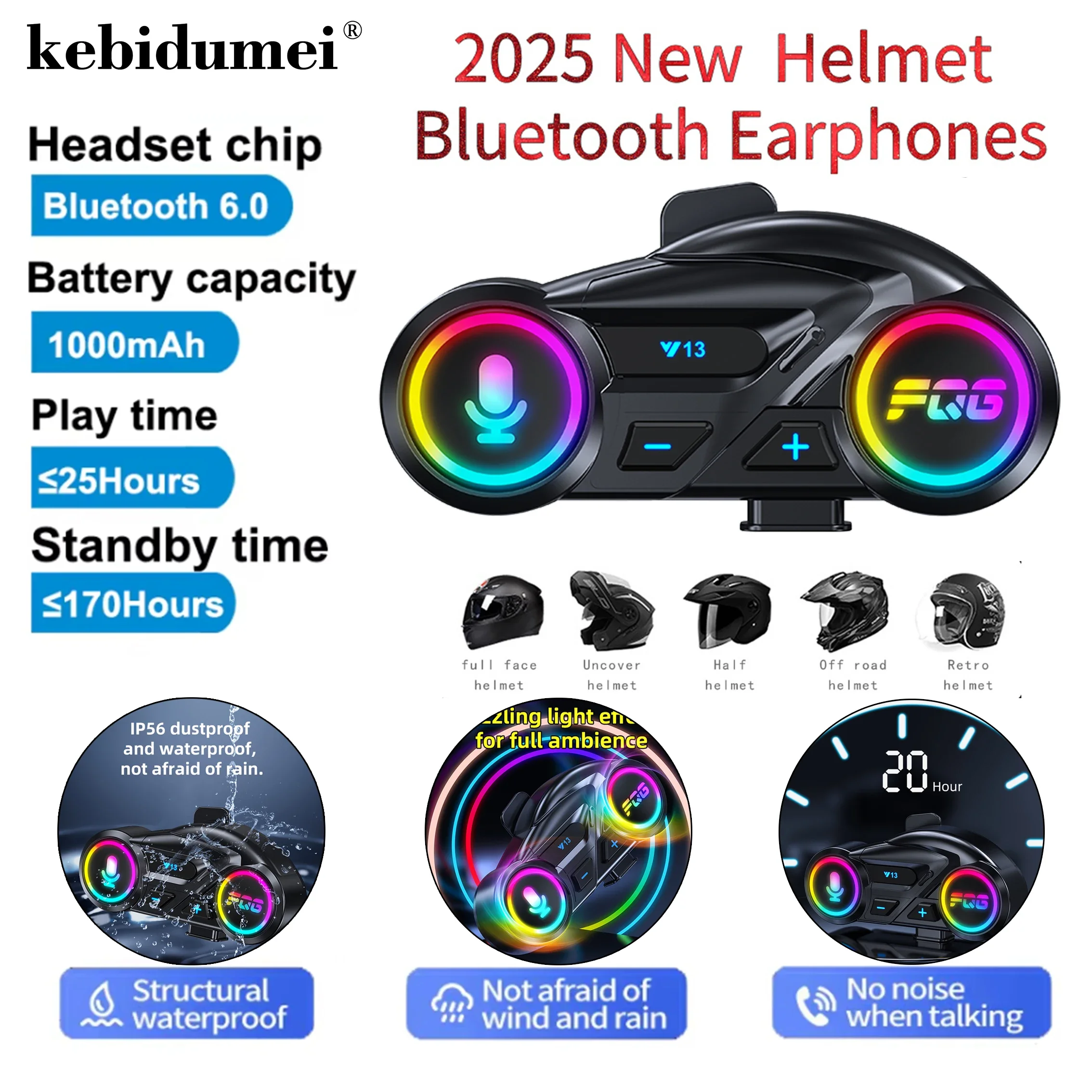 Y13 Motorradhelm-Headset, Bluetooth 6,0, 1000 mAh Akkulaufzeit mit FM-Radio, wasserdicht, Rauschunterdrückung, RGB-Licht-Kopfhörer Image