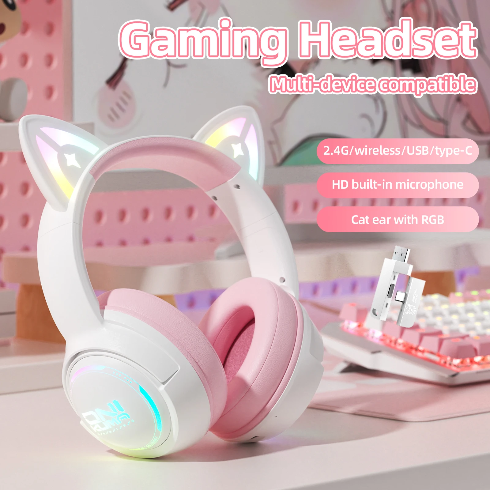 Onikuma GT838 Drei-Modus-Funkkopfhörer, Gaming-Kopfhörer, verbinden Sie 3, Bluetooth 5.3 / USB-C / 2,4 G Dongle, kabellose Ohrhörer Image