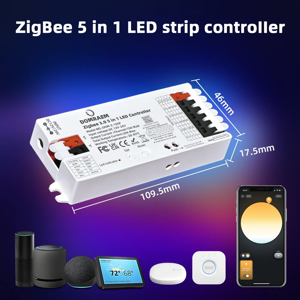 DOMRAEM 20A ZIGBEE3.0 LED-Streifen-Controller DIMMER RGB RGBWCCT 5-in-1 Kompatibel mit HU*E SmartThings Echo plus (kein Tuya) Alexa Image