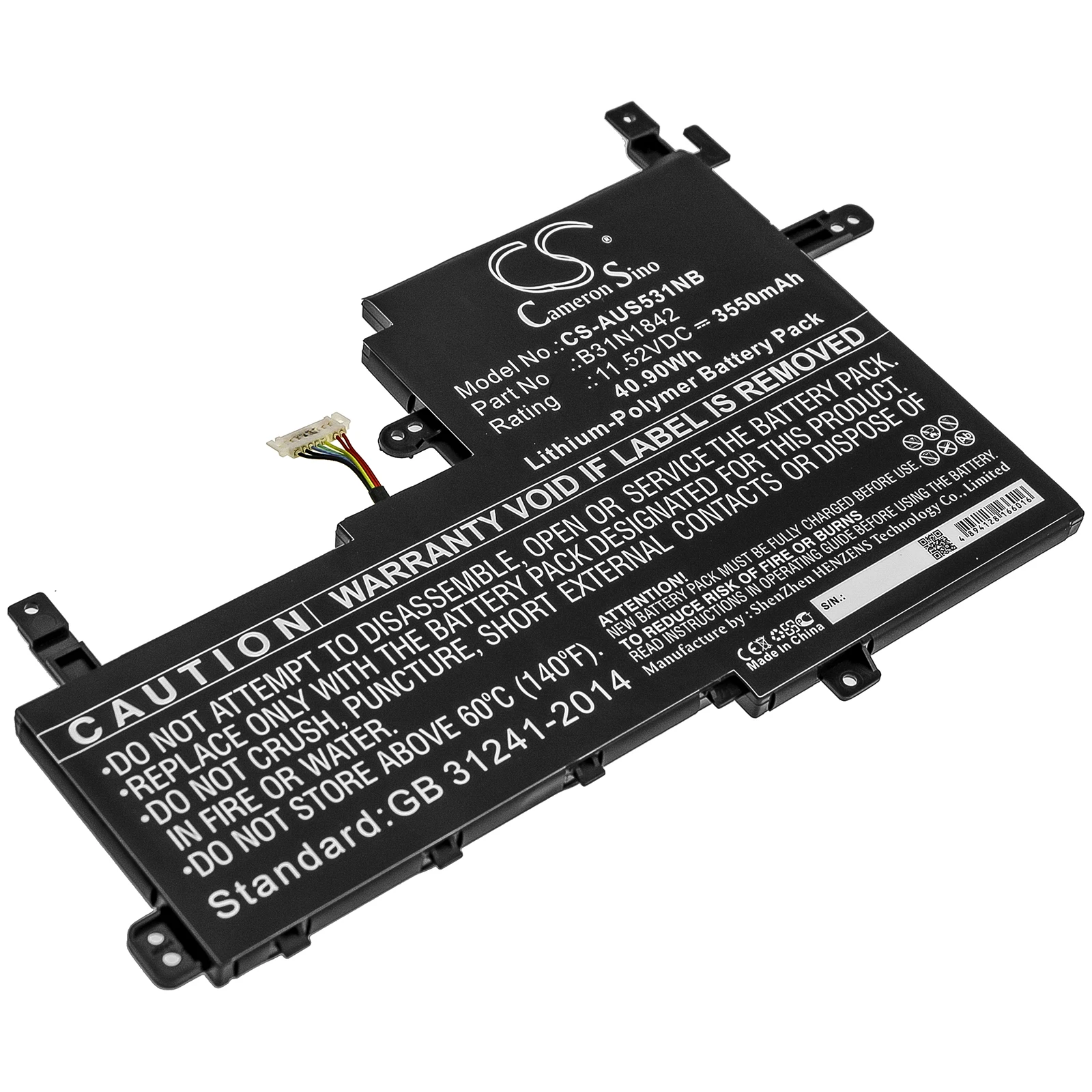 Li-Polymer Notebook, Laptop Battery for Asus, 11.52V, 3550mAh , Compatible Models: K531FA, K531FL, S531FA, S531FA-BQ007T, X531FA