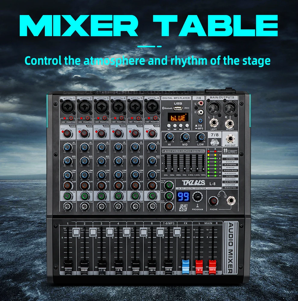 TKLBLS L8 Professional Audio Mixer Bluetooth 99 DSP Effects DJ 8 Channel Mixing Console USB 48V church