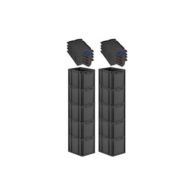 PROREGAL SuperSparSet 10x Eurobox NextGen Grip mit Scharnierdeckel & blauen Verschlüssen, HxBxT 32x30x40cm, 30L, Schwarz, Griffe zu, Eurobehälter Image