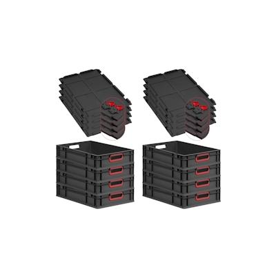 PROREGAL SuperSparSet 8x Eurobox NextGen Color mit Scharnierdeckel & Verschlüssen, HxBxT 12x40x60cm, 23L, Schwarz, Griffe rot offen, Eurobehälter Image