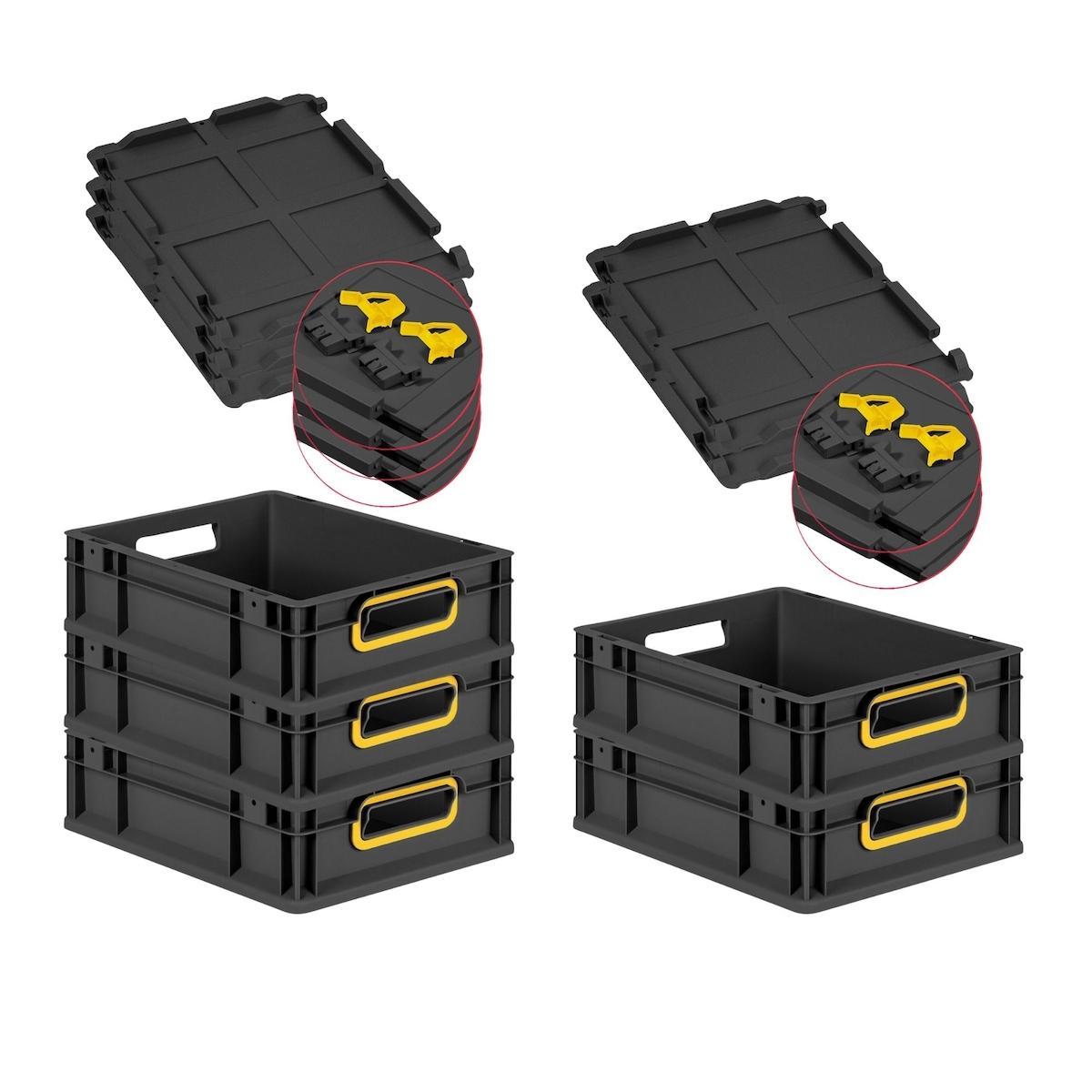 PROREGAL SuperSparSet 5x Eurobox NextGen Color mit Scharnierdeckel & Verschlüssen, HxBxT 12x30x40cm, 11L, Schwarz, Griffe gelb offen, Eurobehälter Image