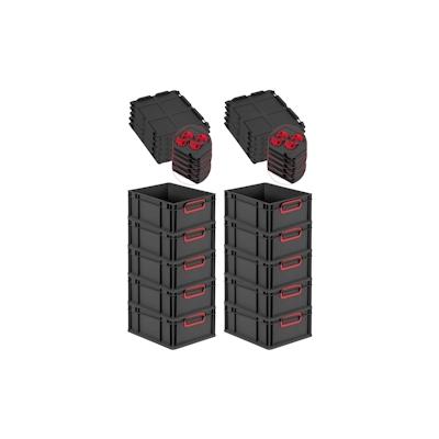 PROREGAL SuperSparSet 10x Eurobox NextGen Color mit Auflagedeckel & Verschlüsse, HxBxT 17x30x40cm, 16L, Schwarz, Griffe rot zu, Eurobehälter Image