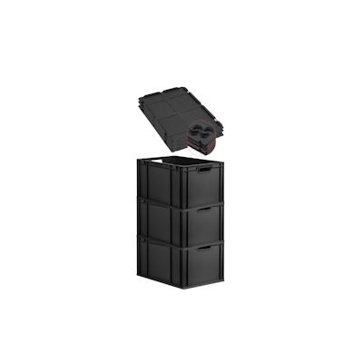 PROREGAL SuperSparSet 3x Eurobox NextGen Grip mit Auflagedeckel & 4 schwarzen Verschlüssen, HxBxT 32x40x60cm, 65L, Schwarz, Griffe offen, Eurobehälter Image