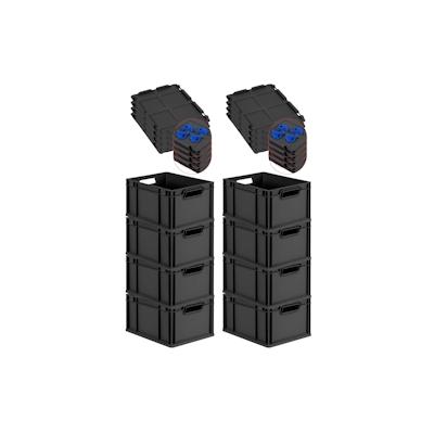 PROREGAL SuperSparSet 8x Eurobox NextGen Grip mit Auflagedeckel & 4 blauen Verschlüssen, HxBxT 22x30x40cm, 20L, Schwarz, Griffe offen, Eurobehälter Image