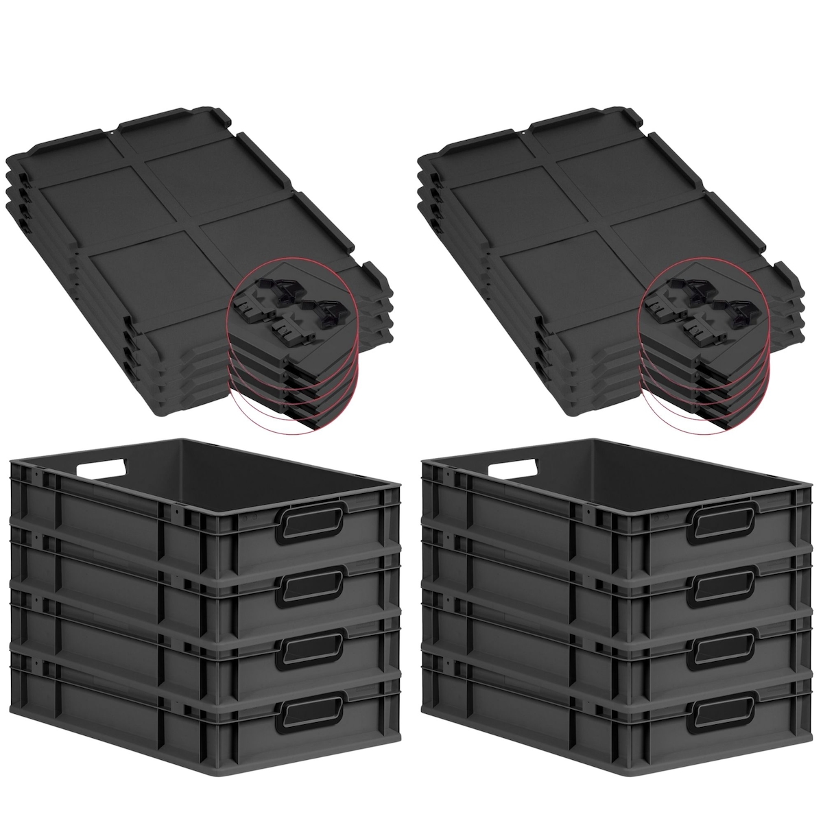 PROREGAL SuperSparSet 8x Eurobox NextGen Color mit Scharnierdeckel & Verschlüssen, HxBxT 12x40x60cm, 23L, Schwarz, Griffe schwarz offen, Eurobehälter Image