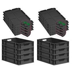 PROREGAL SuperSparSet 8x Eurobox NextGen Grip mit Scharnierdeckel & grünen Verschlüssen, HxBxT 12x40x60cm, 23L, Schwarz, Griffe offen, Eurobehälter Image