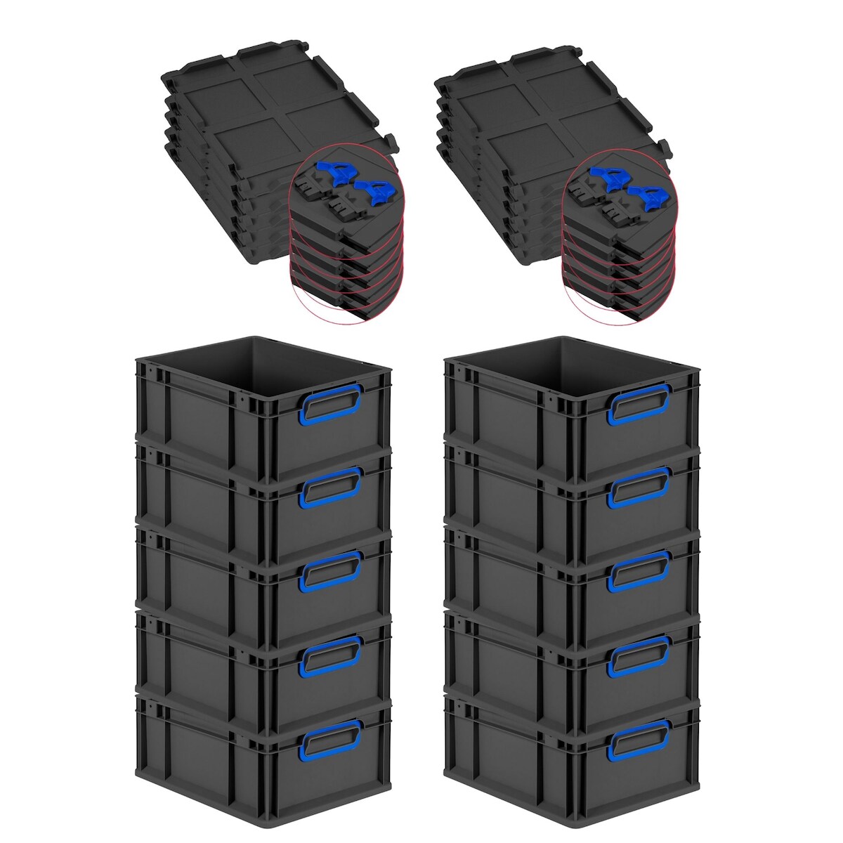 PROREGAL SuperSparSet 10x Eurobox NextGen Color mit Scharnierdeckel & Verschlüssen, HxBxT 17x30x40cm, 16L, Schwarz, Griffe blau zu, Eurobehälter Image