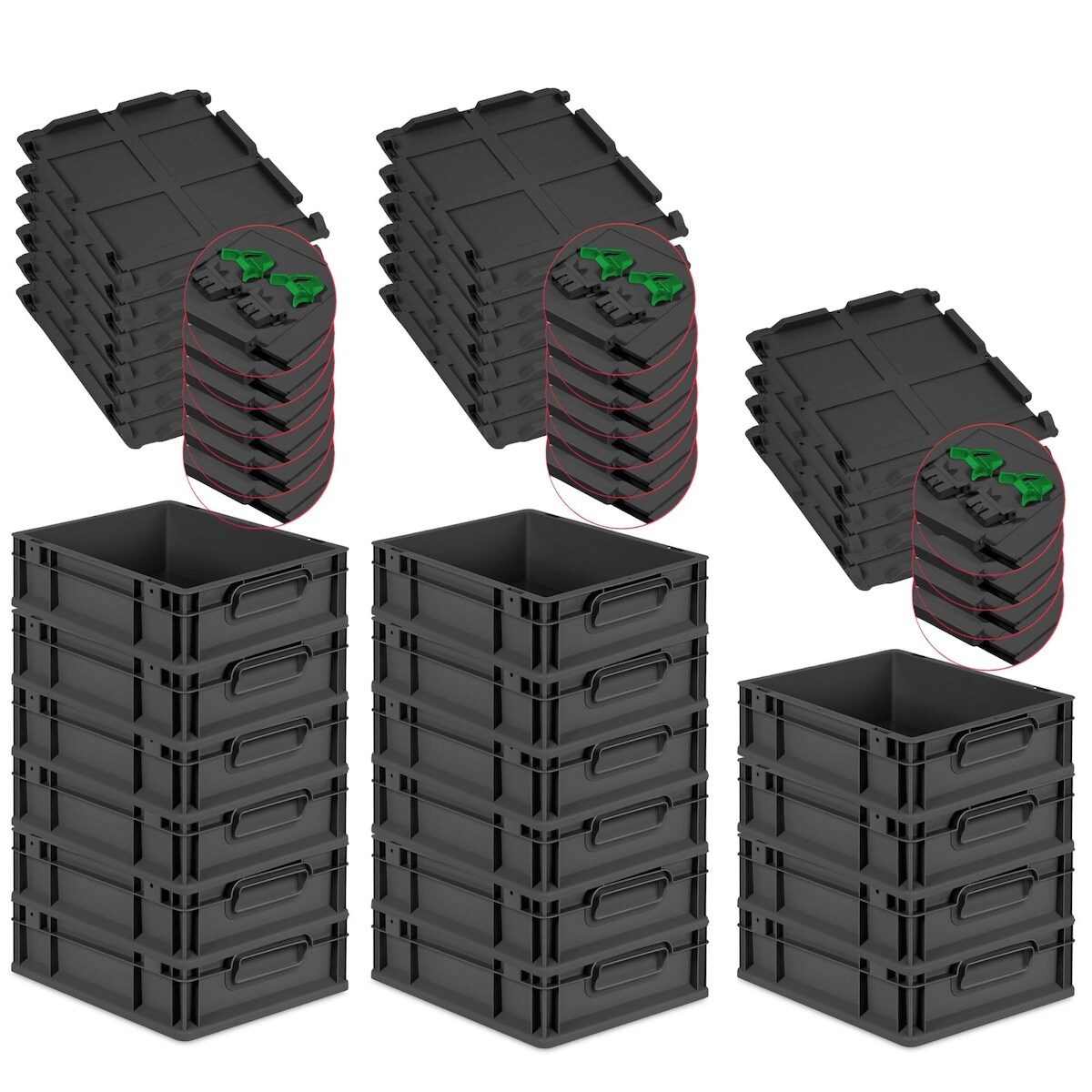 PROREGAL SuperSparSet 16x Eurobox NextGen Grip mit Scharnierdeckel & grünen Verschlüssen, HxBxT 12x30x40cm, 11L, Schwarz, Griffe zu, Eurobehälter Image