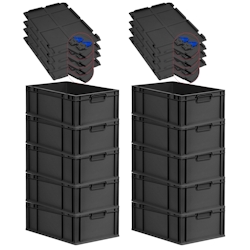 PROREGAL SuperSparSet 10x Eurobox NextGen Grip mit Scharnierdeckel & blauen Verschlüssen, HxBxT 22x40x60cm, 44L, Schwarz, Griffe zu, Eurobehälter Image