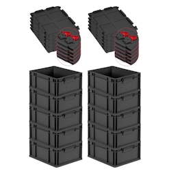 PROREGAL SuperSparSet 10x Eurobox NextGen Grip mit Scharnierdeckel & roten Verschlüssen, HxBxT 17x30x40cm, 16L, Schwarz, Griffe zu, Eurobehälter Image