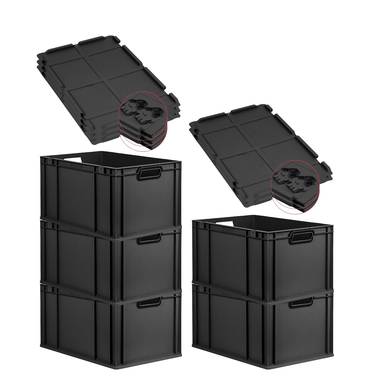 PROREGAL SuperSparSet 5x Eurobox NextGen Color mit Scharnierdeckel & Verschlüssen, HxBxT 32x40x60cm, 65L, Schwarz, Griffe schwarz offen, Eurobehälter Image