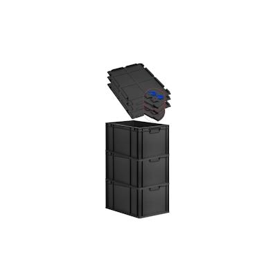 PROREGAL SuperSparSet 3x Eurobox NextGen Grip mit Scharnierdeckel & blauen Verschlüssen, HxBxT 32x40x60cm, 65L, Schwarz, Griffe zu, Eurobehälter Image