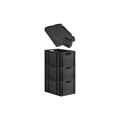 PROREGAL SuperSparSet 3x Eurobox NextGen Color mit Scharnierdeckel & Verschlüssen, HxBxT 32x40x60cm, 65L, Schwarz, Griffe schwarz offen, Eurobehälter Image