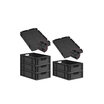 PROREGAL SuperSparSet 5x Eurobox NextGen Color mit Scharnierdeckel & Verschlüssen, HxBxT 17x40x60cm, 34L, Schwarz, Griffe schwarz offen, Eurobehälter Image