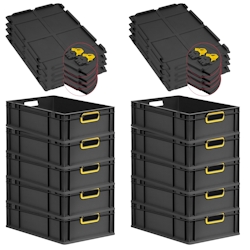 PROREGAL SuperSparSet 10x Eurobox NextGen Color mit Scharnierdeckel & Verschlüssen, HxBxT 17x40x60cm, 34L, Schwarz, Griffe gelb offen, Eurobehälter Image