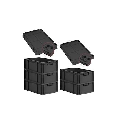 PROREGAL SuperSparSet 5x Eurobox NextGen Color mit Scharnierdeckel & Verschlüssen, HxBxT 22x40x60cm, 44L, Schwarz, Griffe schwarz zu, Eurobehälter Image