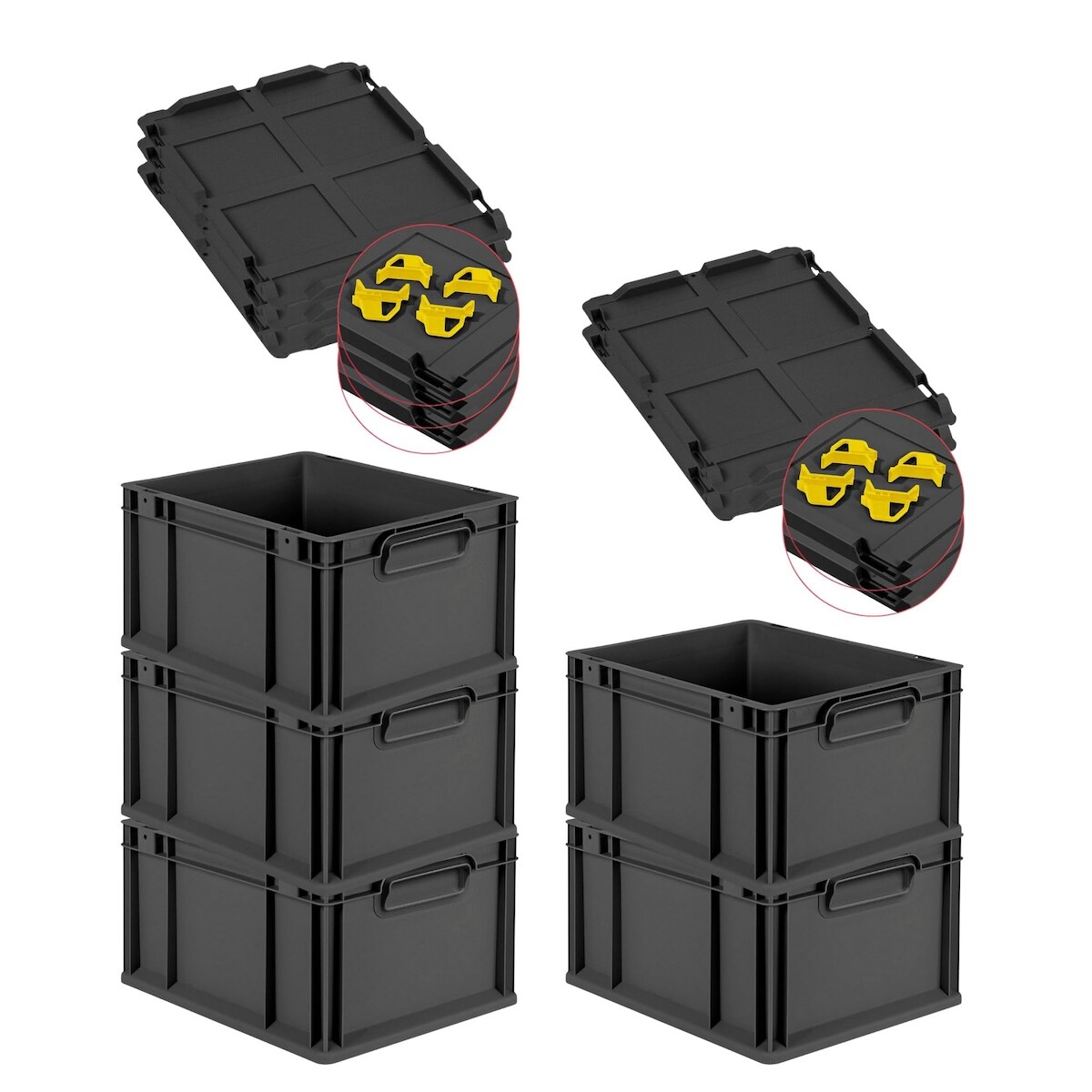 PROREGAL SparSet 5x Eurobox NextGen Grip mit Auflagedeckel & 4 gelben Verschlüssen, HxBxT 22x30x40cm, 20L, Schwarz, Griffe zu, Eurobehälter Image
