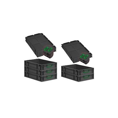 PROREGAL SparSet 5x Eurobox NextGen Color mit Auflagedeckel & Verschlüsse, HxBxT 12x40x60cm, 23L, Schwarz, Griffe grün zu, Eurobehälter Image