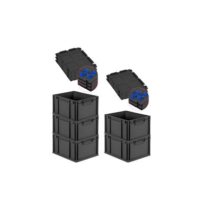 PROREGAL SparSet 5x Eurobox NextGen Grip mit Auflagedeckel & 4 blauen Verschlüssen, HxBxT 22x30x40cm, 20L, Schwarz, Griffe zu, Eurobehälter Image