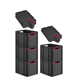 PROREGAL SuperSparSet 5x Eurobox NextGen Color mit Scharnierdeckel & Verschlüssen, HxBxT 32x30x40cm, 30L, Schwarz, Griffe rot offen, Eurobehälter Image