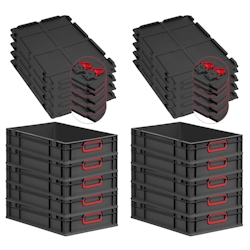PROREGAL SuperSparSet 10x Eurobox NextGen Color mit Scharnierdeckel & Verschlüssen, HxBxT 12x40x60cm, 23L, Schwarz, Griffe rot zu, Eurobehälter Image