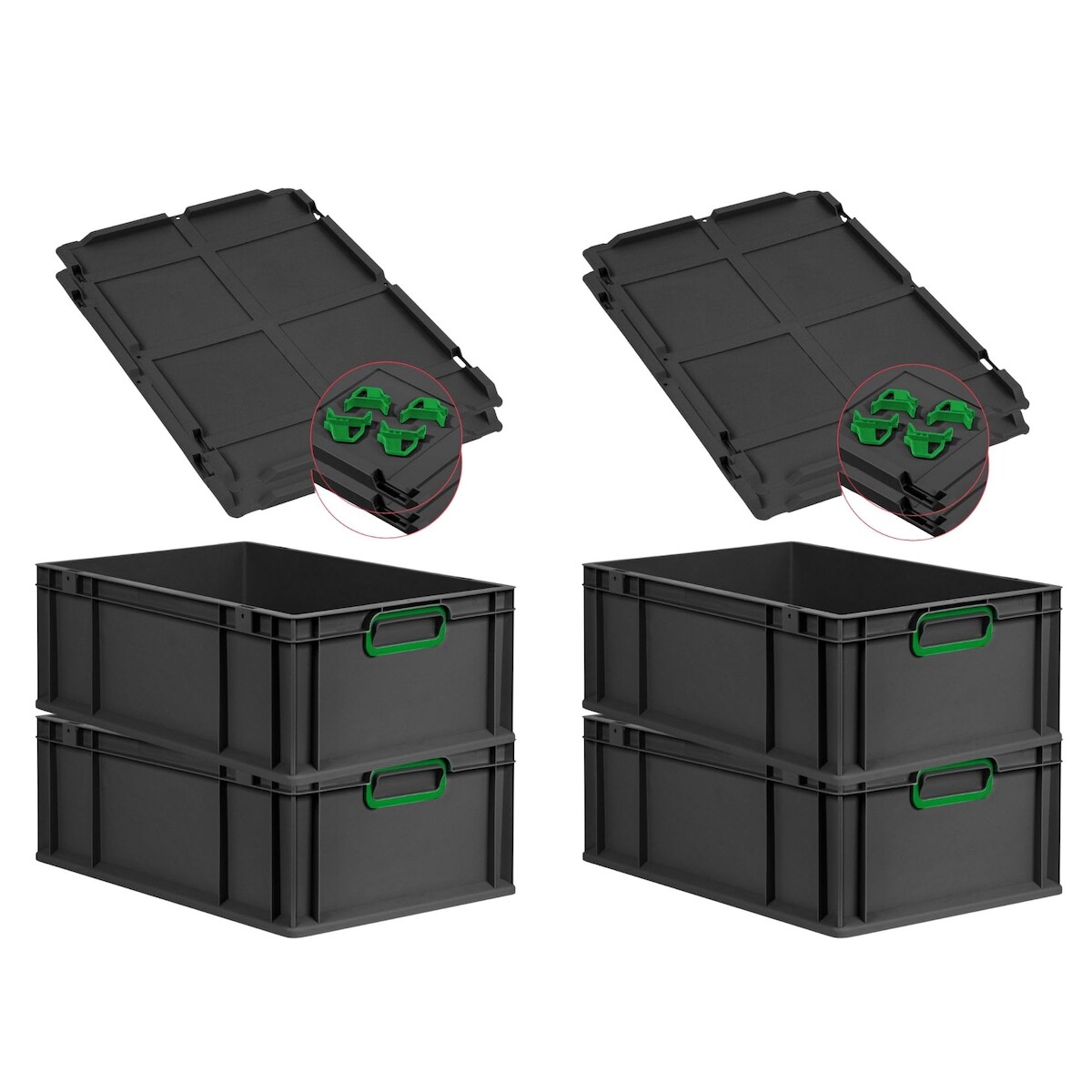 PROREGAL SuperSparSet 4x Eurobox NextGen Color mit Auflagedeckel & Verschlüsse, HxBxT 22x40x60cm, 44L, Schwarz, Griffe grün zu, Eurobehälter Image