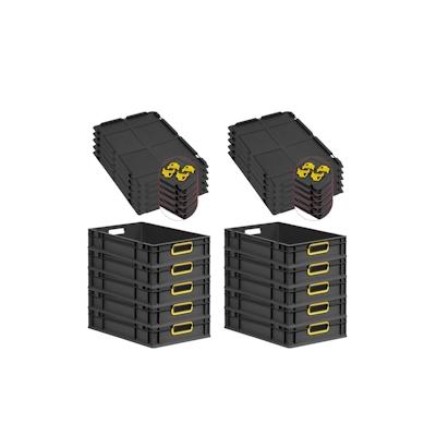 PROREGAL SparSet 10x Eurobox NextGen Color mit Auflagedeckel & Verschlüsse, HxBxT 12x40x60cm, 23L, Schwarz, Griffe gelb offen, Eurobehälter Image