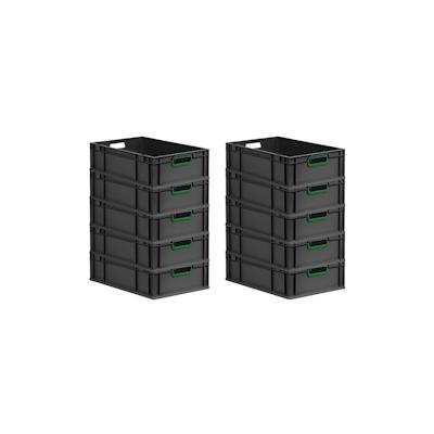 PROREGAL SparSet 10x Eurobox NextGen Color, HxBxT 17x40x60cm, 34 Liter, Griffe grün offen, Schwarz, Eurobehälter, Transportbehälter Image