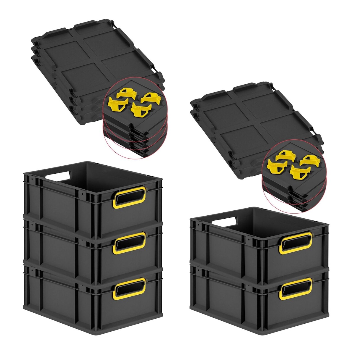 PROREGAL SparSet 5x Eurobox NextGen Color mit Auflagedeckel & Verschlüsse, HxBxT 17x30x40cm, 16L, Schwarz, Griffe gelb offen, Eurobehälter Image
