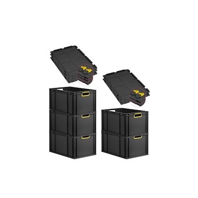 PROREGAL SuperSparSet 5x Eurobox NextGen Color mit Scharnierdeckel & Verschlüssen, HxBxT 32x40x60cm, 65L, Schwarz, Griffe gelb offen, Eurobehälter Image