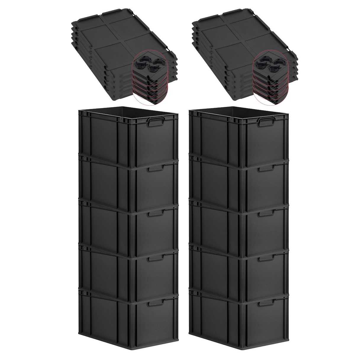 PROREGAL SparSet 10x Eurobox NextGen Grip mit Auflagedeckel & 4 schwarzen Verschlüssen, HxBxT 32x40x60cm, 65L, Schwarz, Griffe zu, Eurobehälter Image