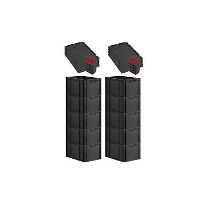 PROREGAL SparSet 10x Eurobox NextGen Grip mit Auflagedeckel & 4 roten Verschlüssen, HxBxT 32x40x60cm, 65L, Schwarz, Griffe zu, Eurobehälter Image