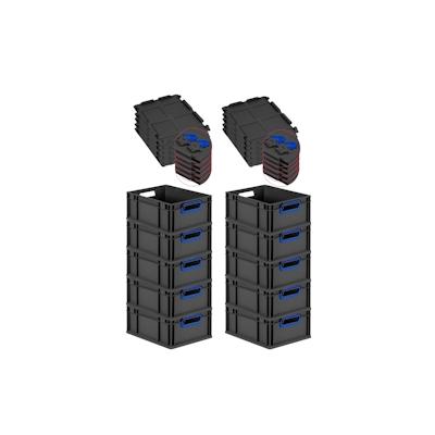 PROREGAL SuperSparSet 10x Eurobox NextGen Color mit Scharnierdeckel & Verschlüssen, HxBxT 17x30x40cm, 16L, Schwarz, Griffe blau offen, Eurobehälter Image