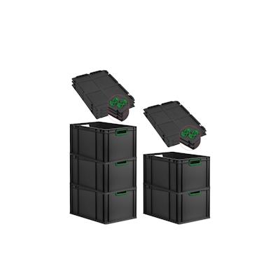 PROREGAL SparSet 5x Eurobox NextGen Color mit Auflagedeckel & Verschlüsse, HxBxT 32x40x60cm, 65L, Schwarz, Griffe grün offen, Eurobehälter Image