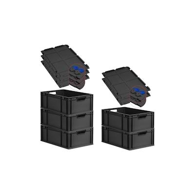 PROREGAL SuperSparSet 5x Eurobox NextGen Grip mit Scharnierdeckel & blauen Verschlüssen, HxBxT 22x40x60cm, 44L, Schwarz, Griffe offen, Eurobehälter Image