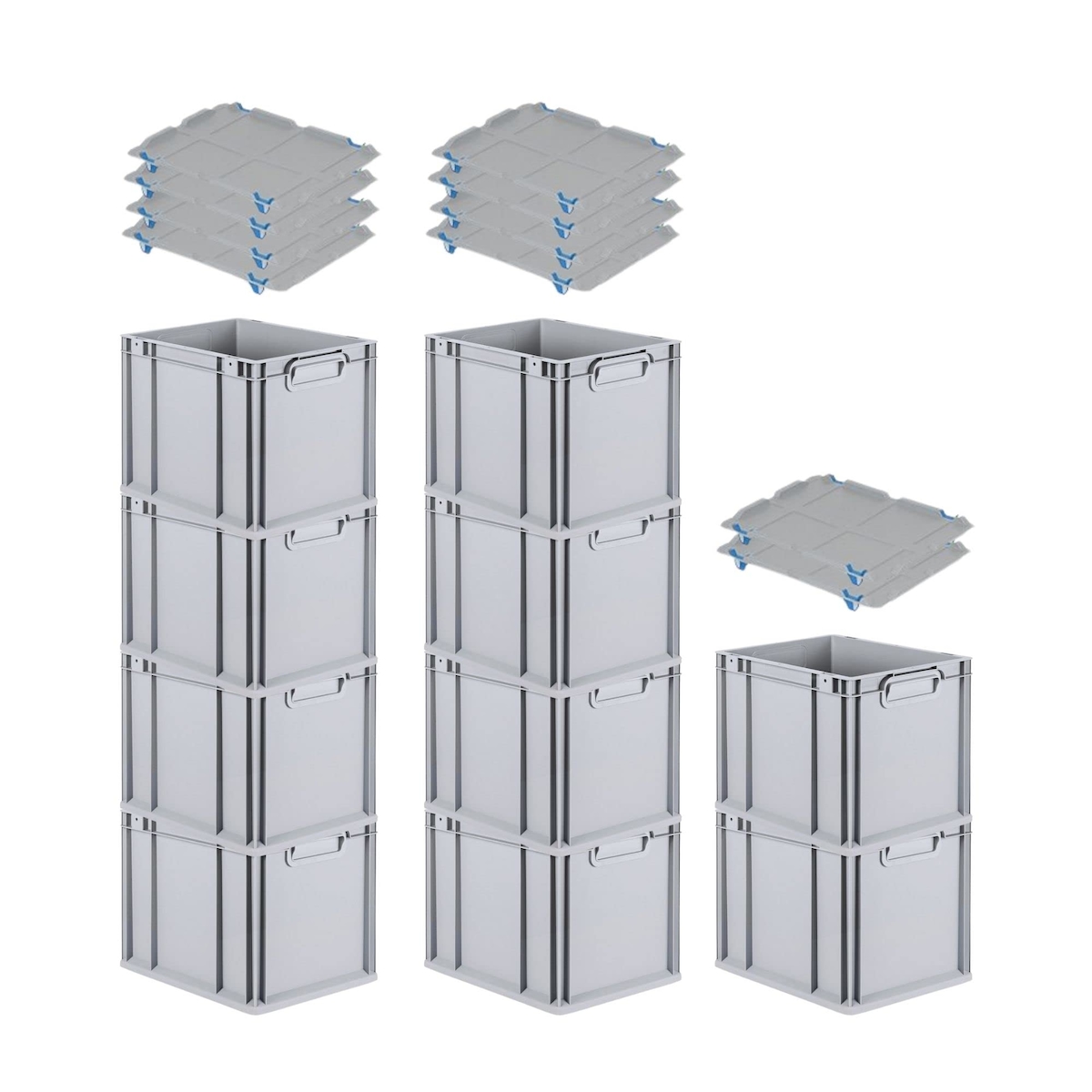 PROREGAL SparSet 10x Eurobox NextGen Grip mit Auflagedeckel & 4 blauen Verschlüssen, HxBxT 32x30x40cm, 30L, Grau, Griffe zu, Eurobehälter Image